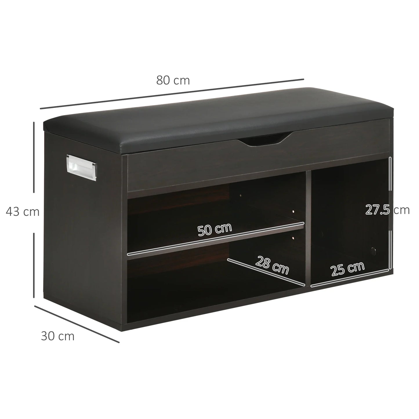 HOMCOM Gepolsterter Schuhschrank für den Eingangsbereich, Schuhbank mit Schuhregal, 3 Fächer, Sitzfläche aus PU-Leder, für Wohn- und Flurbereich, 80x30x43 cm, Schwarz