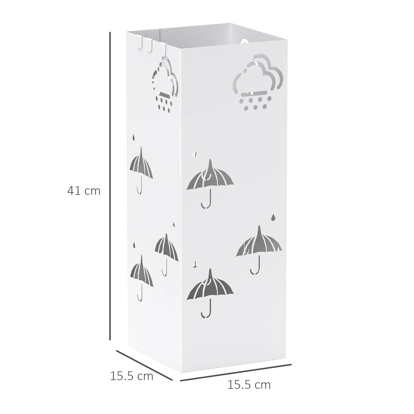 HOMCOM Steel Umbrella Stand with 4 Hooks and Removable Drip Tray - White Umbrella Holder for Hallway and Office 15.5x15.5x41 cm
