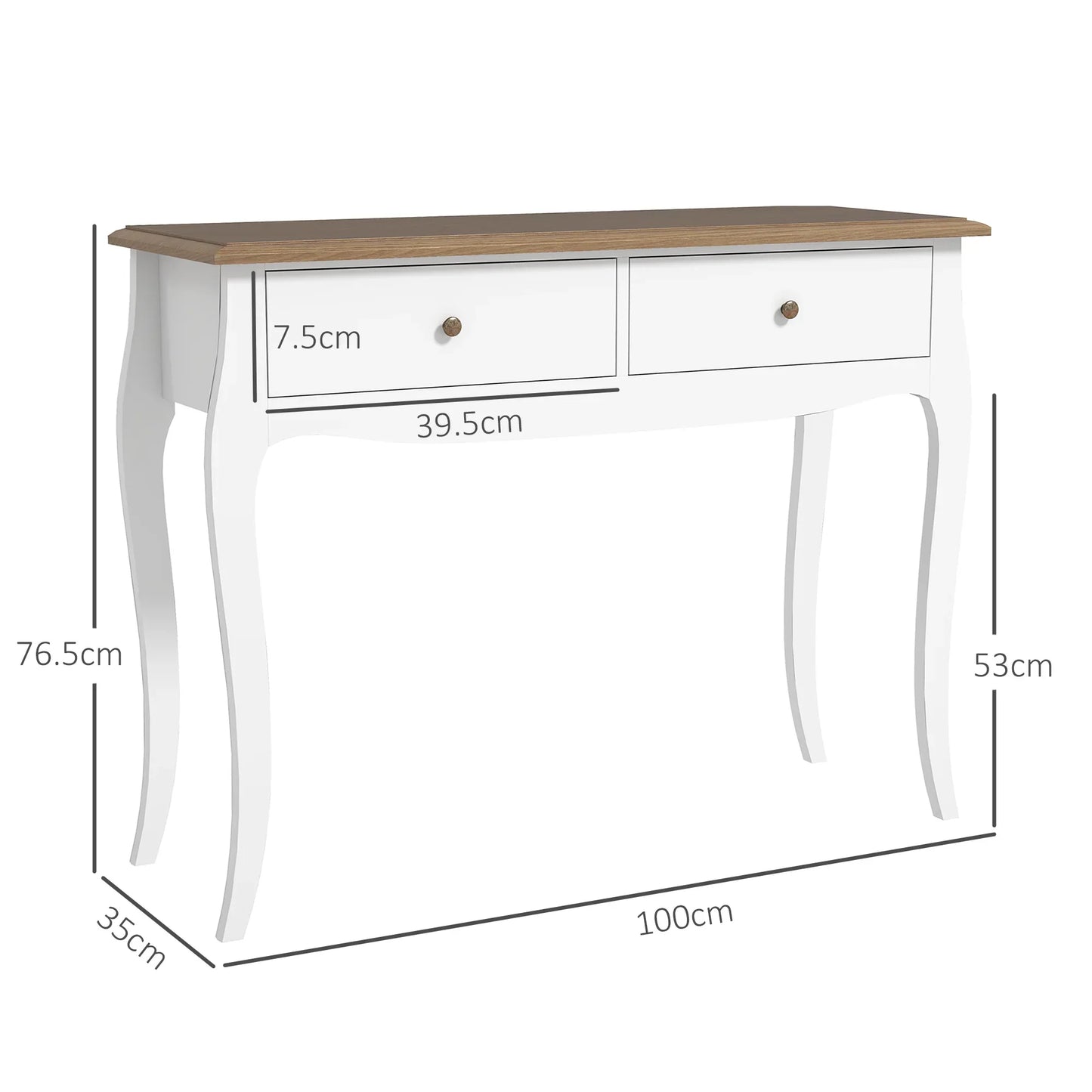 HOMCOM Konsole Flurtisch mit 2 Schubladen im französischen Stil für Flur Schlafzimmer Wohnzimmer 100x35x76,5 cm Weiß und Dunkelbraun