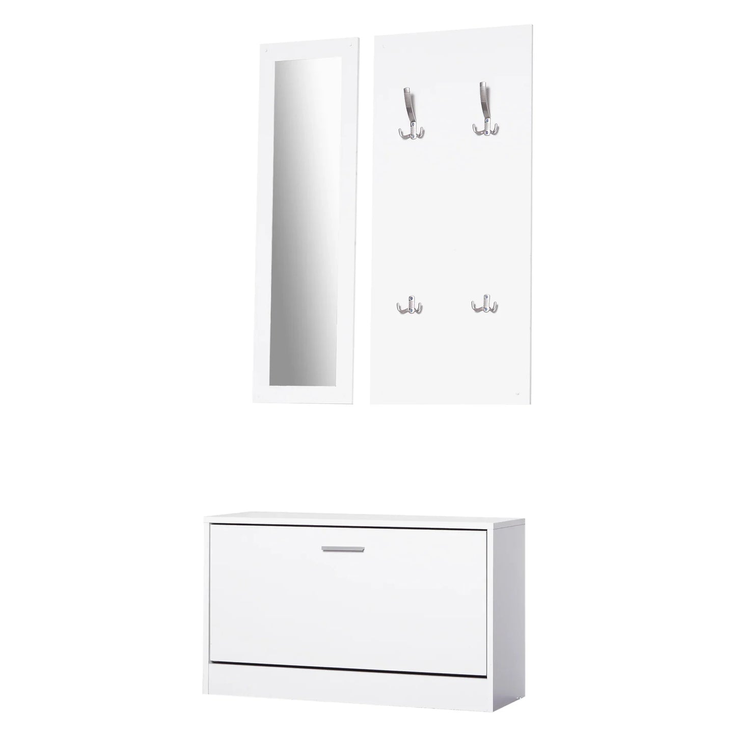 HOMCOM Möbelset für den Eingangsbereich 3-teiliges Schuhschrank-Spiegel-Garderobe mit 4 Haken zum Aufhängen von Kleidung 80x27x46,5 cm Weiß