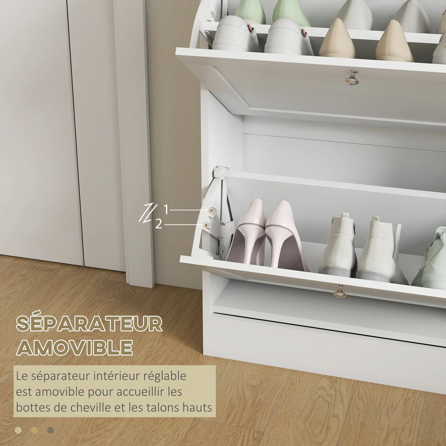 HOMCOM Shoe Cabinet for 12 Pairs, Slim Shoe Storage Cabinet, Modern Furniture Piece for the Entrance Area with 2 Flip-Down Drawers and Adjustable Shelves, for Hallway and Entrance Area, 60 x 24 x 80 cm, White