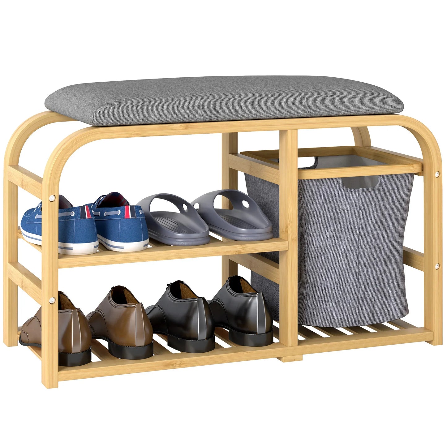 HOMCOM Schuhbank aus Bambus mit gepolsterter Sitzfläche, 2 Lattenregalen und verschiebbarem Stoffkorb, Flurbank für Flur, Schlafzimmer, 70x30x45cm, Naturholz