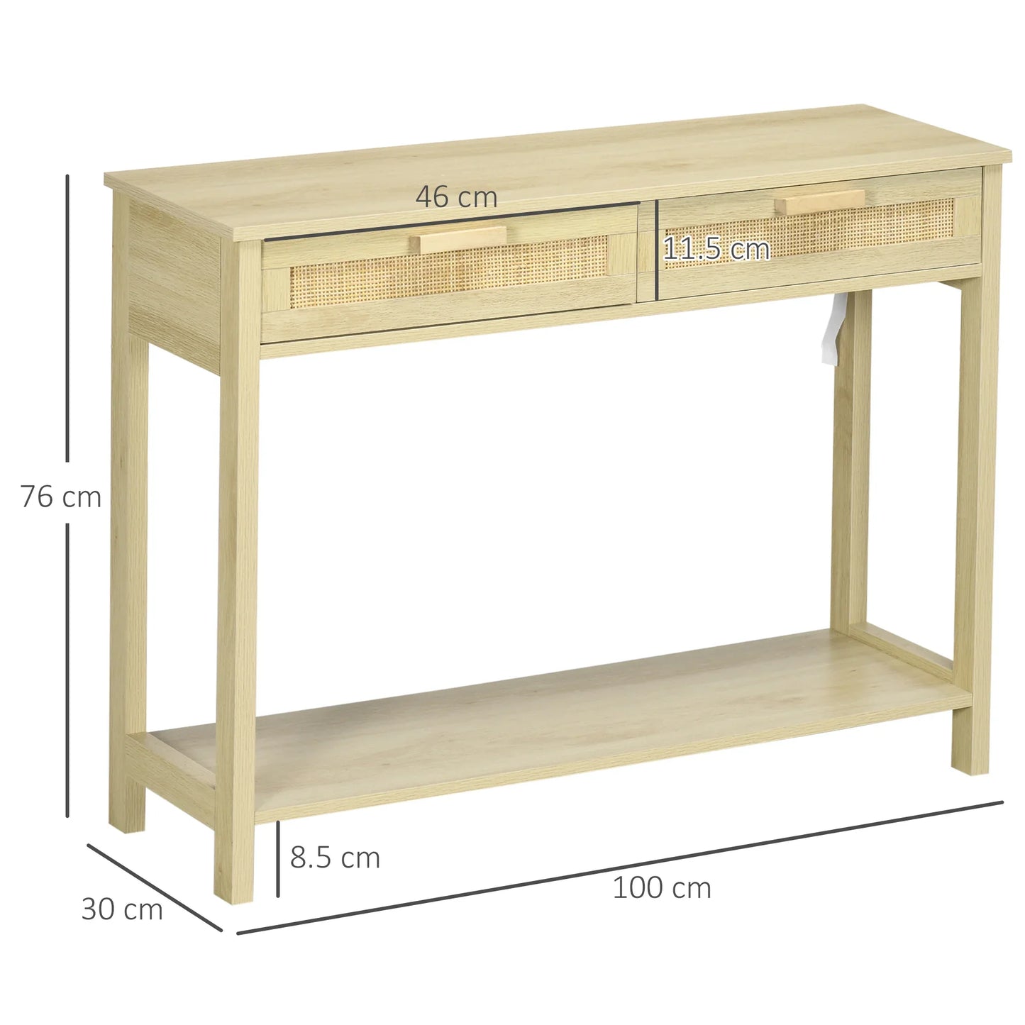HOMCOM Konsolentisch, Flurtisch mit 2 Schubladen, Rattan-Oberfläche und unterem Regal für Flur, Wohnzimmer, Schlafzimmer, rustikaler Stil, 100x30x76 cm, Natur