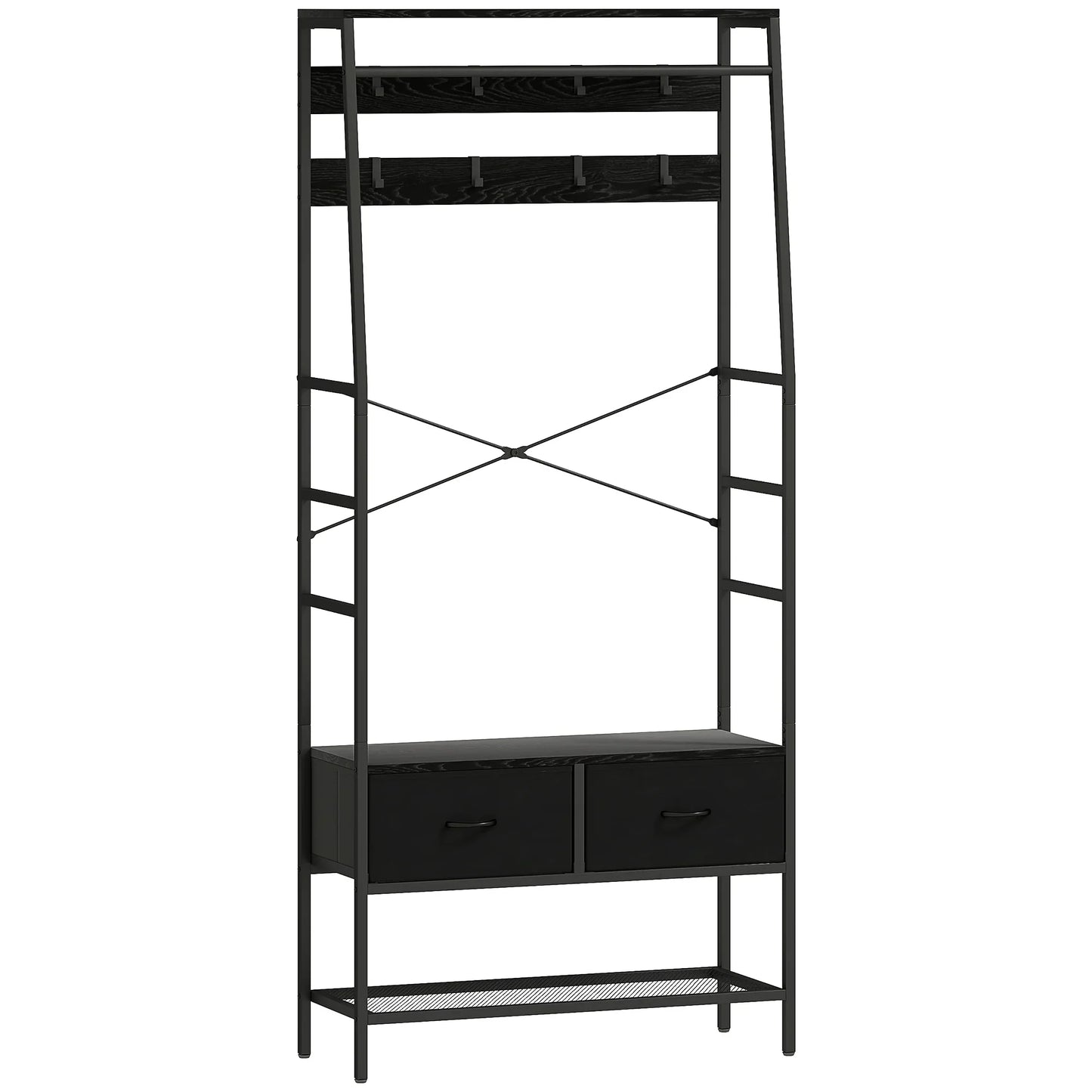 HOMCOM Coat Rack, Clothes Rail with Shoe Rack, 2 Fabric Drawers, Wardrobe with 8 Hooks, Shelf, Coat Rack with Anti-Tip Protection, for Hallway, Corridor, Bedroom, Black