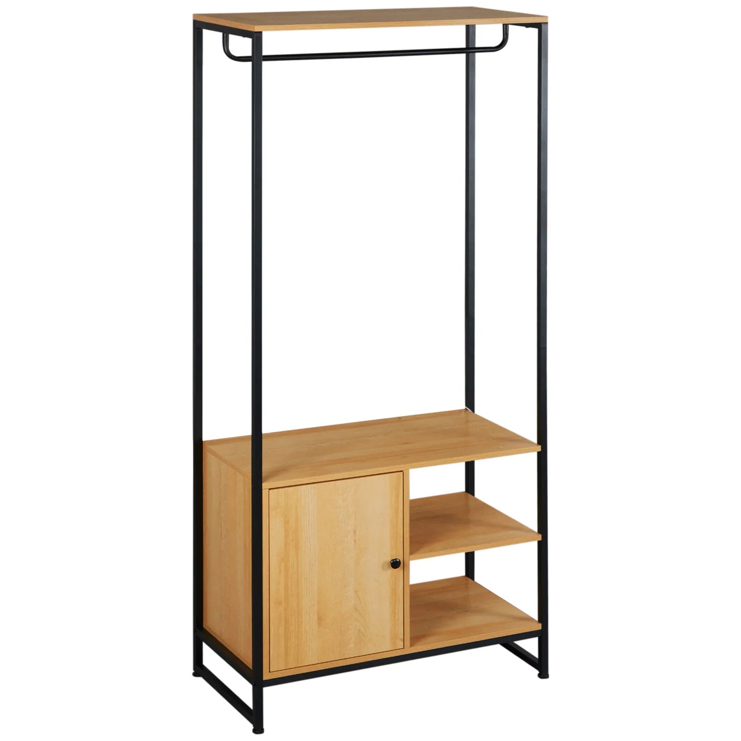 HOMCOM Industrial Style Clothes Rack Made of Steel and Wood, Wardrobe with Shelf and 2 Open Side Compartments, 80x40x180cm, Natural