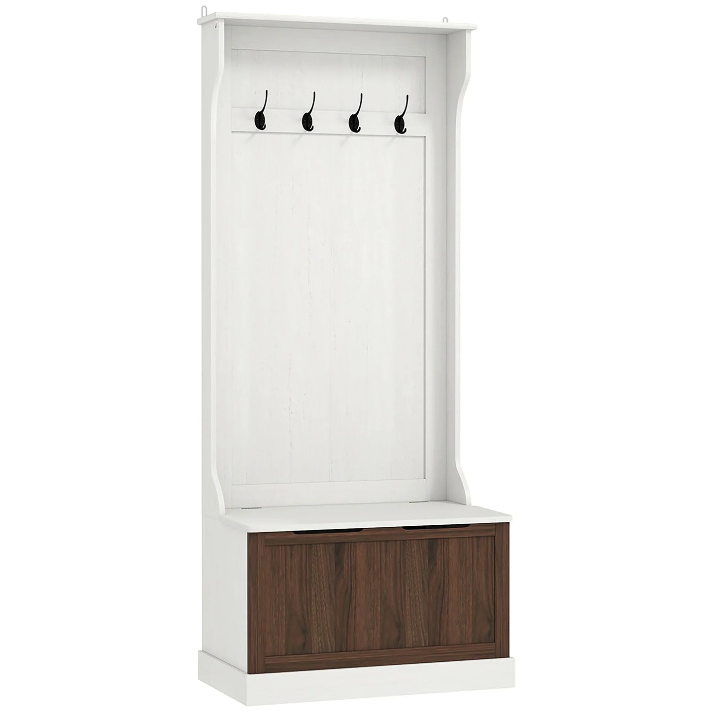 HOMCOM 3 in 1 Garderobenständer mit Schuhbank, platzsparender Boden-Garderobenständer mit 4 Haken und Ablagebank, MDF, für Flur, Schlafzimmer, 71,5x39,5x170 cm, Weiß und Braun