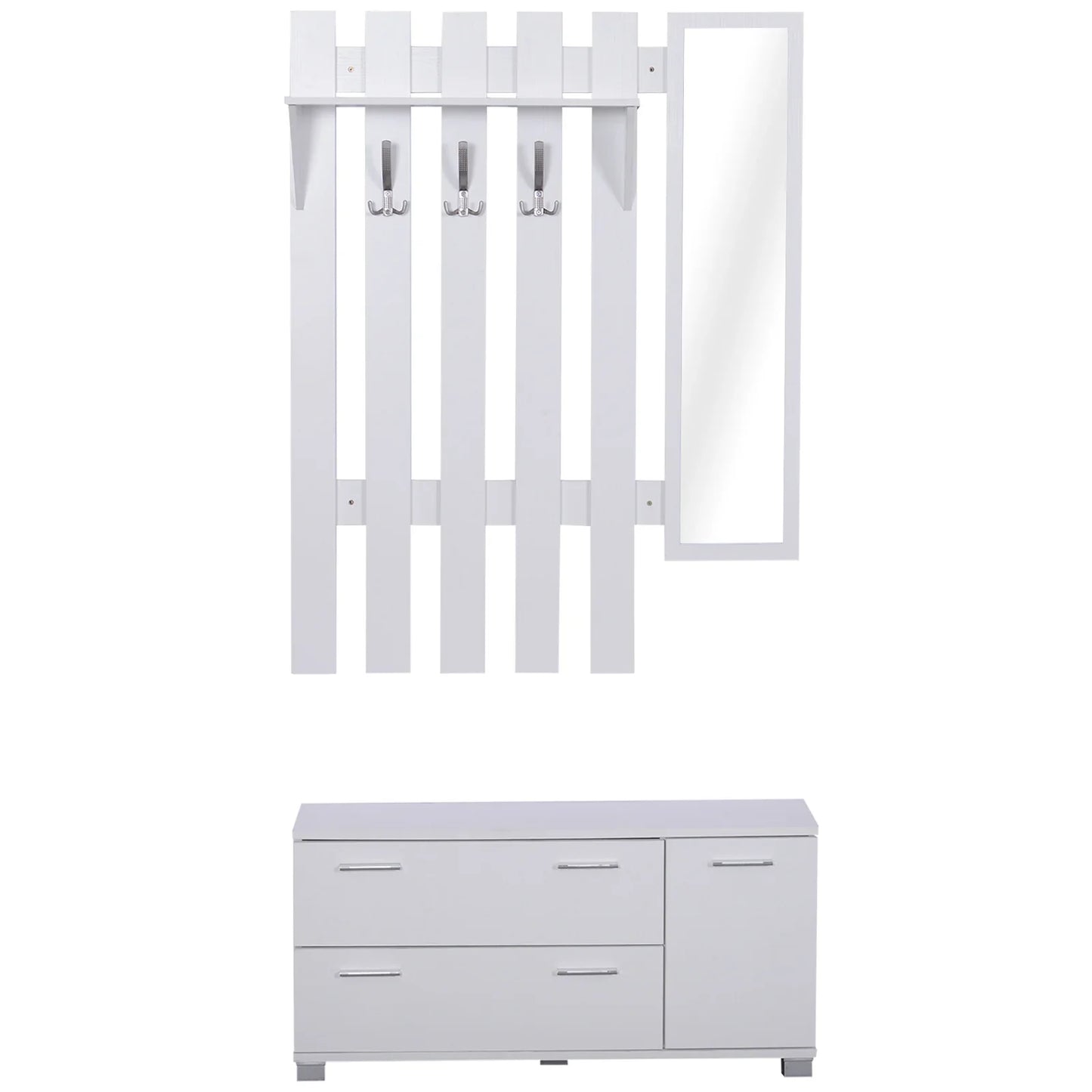HOMCOM Eingangsset mit Spiegel, Garderobe und Schuhschrank – Flurmöbel mit 3 Haken, Regal und 2 Schubladen für Diele in Weiß