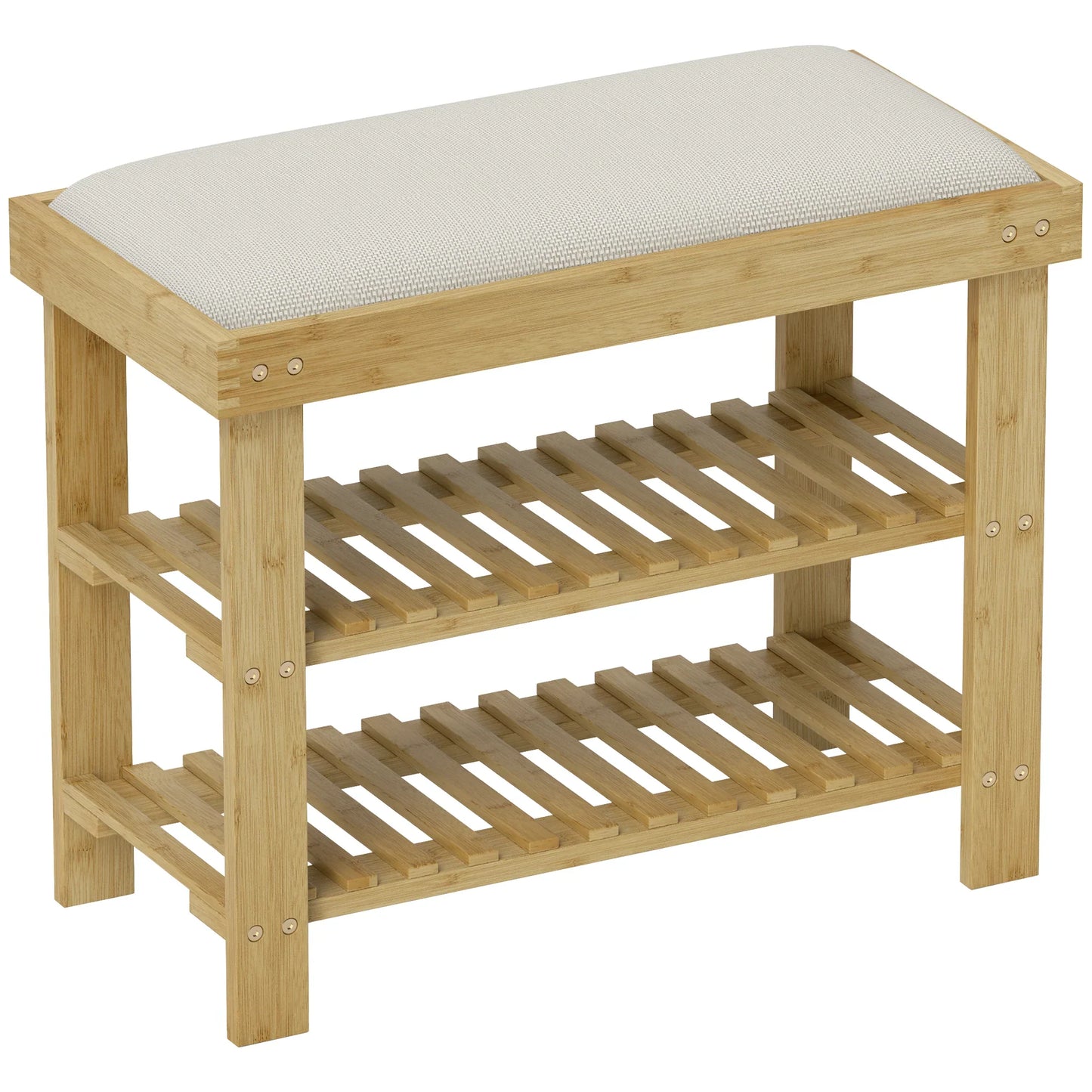 HOMCOM Schuhbank mit Sitzfläche, Bambus Sitzbank mit Stauraum, Schuhregal mit 2 offenen Fächern, Sitzbank, Bank, Garderobenbank für Wohnzimmer, Flur, 60 x 29 x 49 cm Cremeweiß