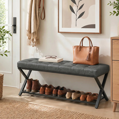 HOMCOM Gepolsterte Schuhbank mit Stauraum – Industrieller X-Rahmen aus Stahl, PU-Kunstleder, 220 kg Tragfähigkeit, 112×37×47 cm, Dunkelgrau