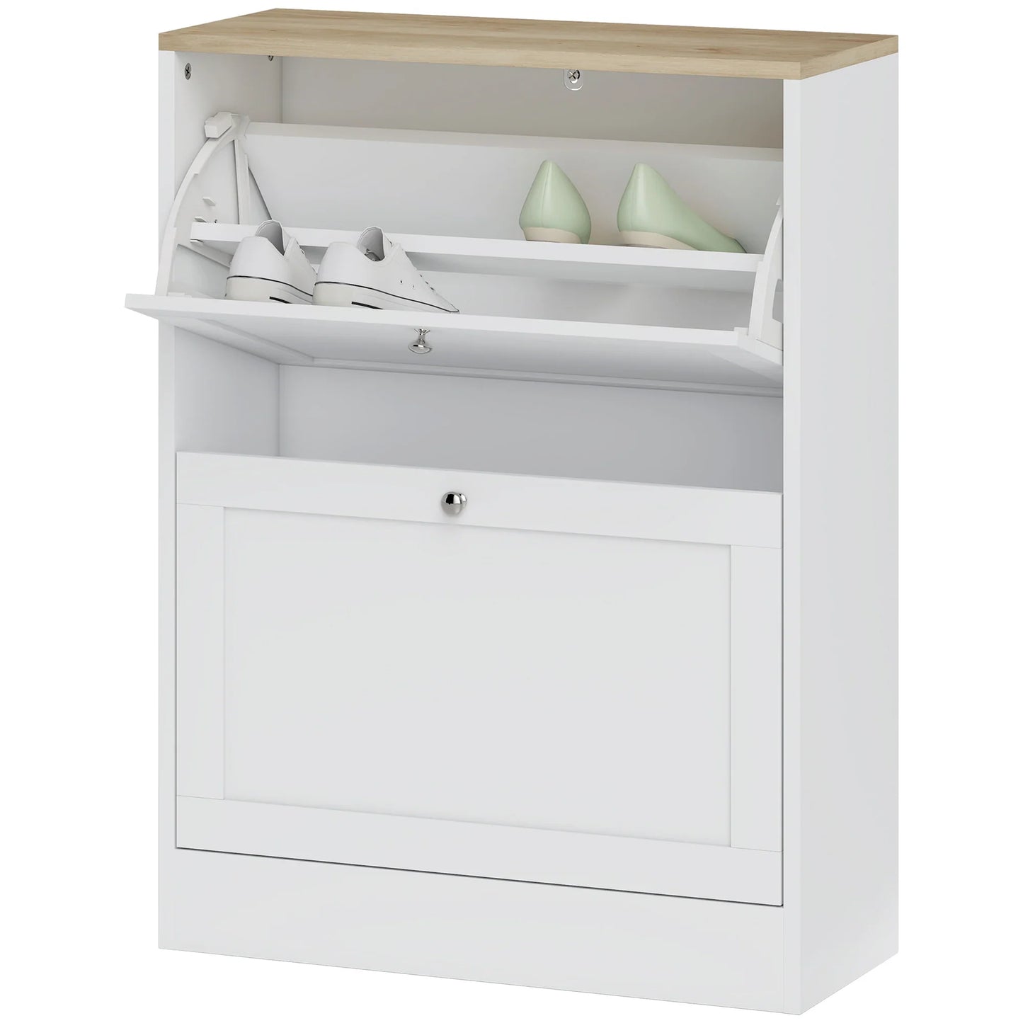 HOMCOM Shoe Cabinet for 12 Pairs, Slim Shoe Storage Cabinet, Modern Furniture Piece for the Entrance Area with 2 Flip-Down Drawers and Adjustable Shelves, for Hallway and Entrance Area, 60 x 24 x 80 cm, White
