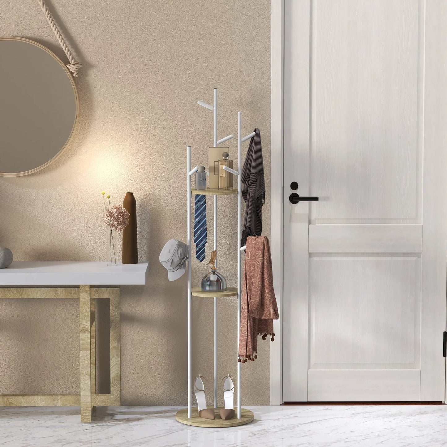 HOMCOM Freestanding Coat Rack made of Steel with 9 Hooks and 2 Round Shelves - Ø 40 x 167 cm in Natural and White
