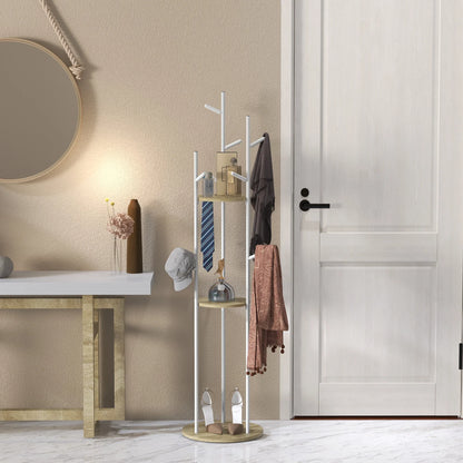 HOMCOM Freestanding Coat Rack made of Steel with 9 Hooks and 2 Round Shelves - Ø 40 x 167 cm in Natural and White
