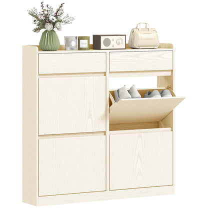 HOMCOM Narrow Shoe Cabinet with 4 Flip-Down Doors - Shoe Storage with 2 Drawers for 8 Pairs of Shoes, Ideal for the Hallway - 98x19.2x95.3 cm White