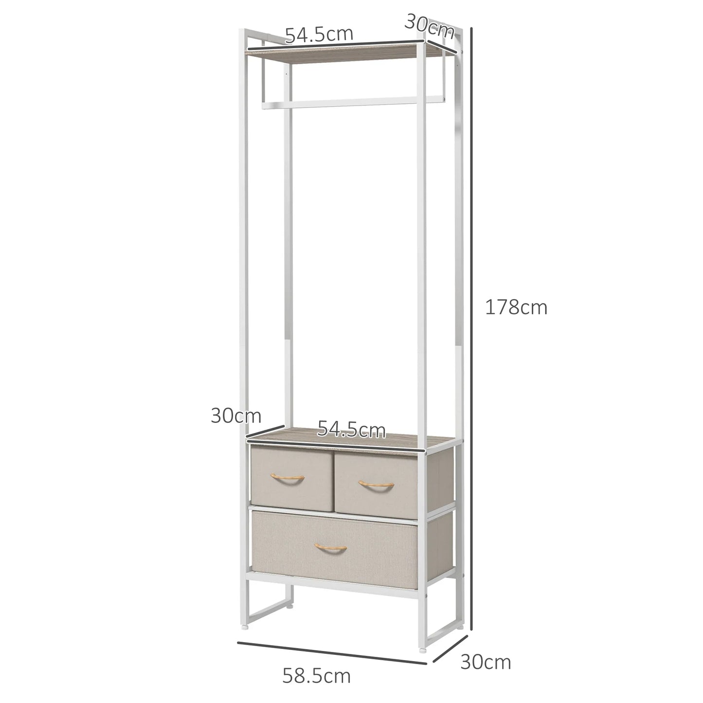HOMCOM Coat Rack for Hallway with 3 Fabric Drawers, Clothes Rail and Shelf for Hallway, Bedroom, Living Room 58.5x30x178 cm Natural