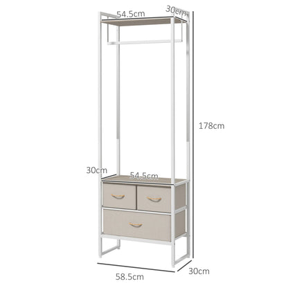 HOMCOM Coat Rack for Hallway with 3 Fabric Drawers, Clothes Rail and Shelf for Hallway, Bedroom, Living Room 58.5x30x178 cm Natural