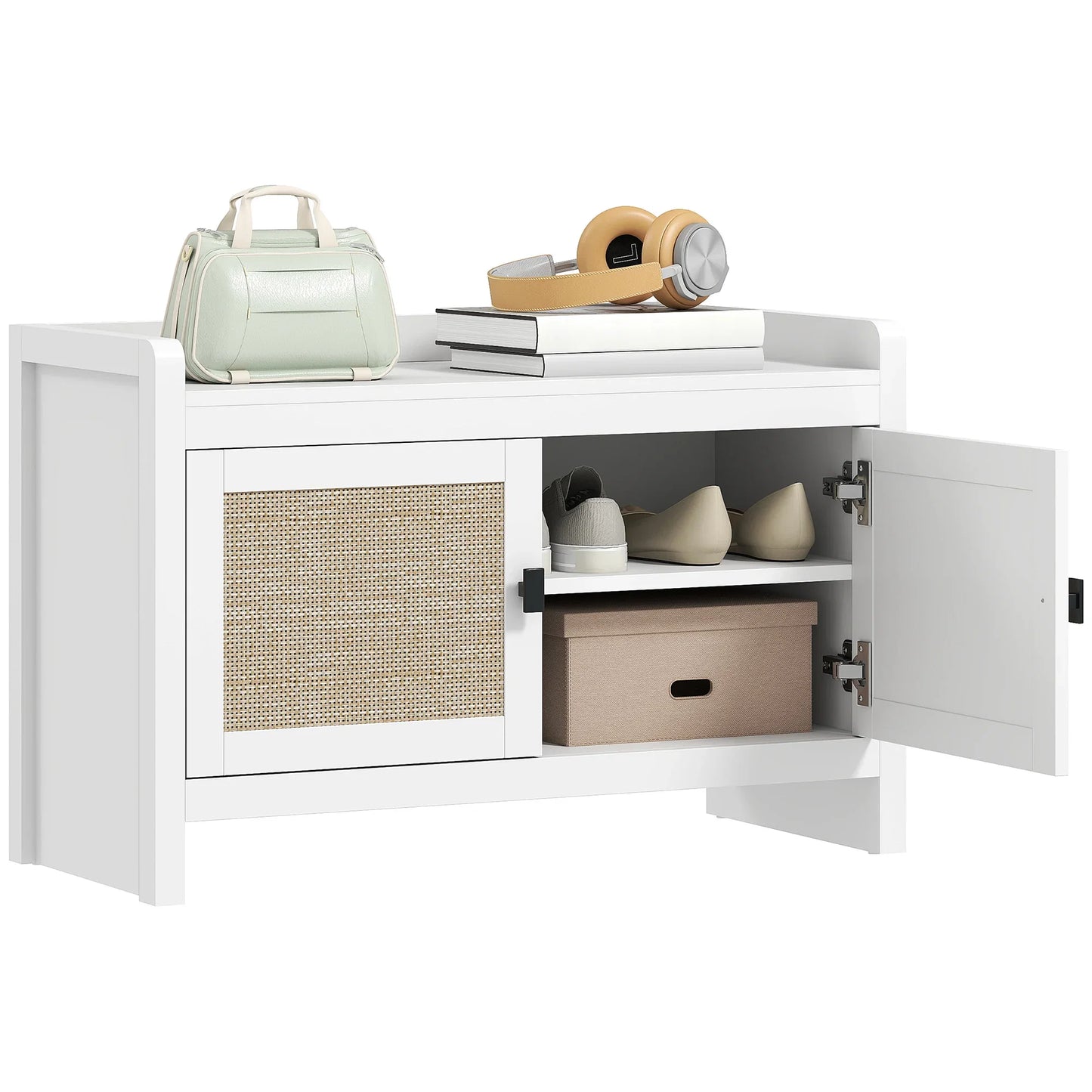 HOMCOM Bohemian shoe bench with rattan front doors, removable shelf for 8 pairs of shoes for hallway and bedroom 80x35x52 cm white
