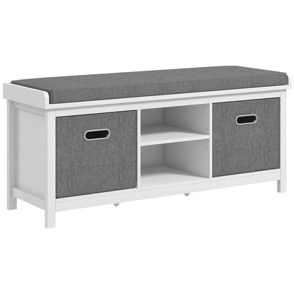 HOMCOM Schuhbank mit verstellbarem 3-stufigem Regal, 2 herausnehmbaren Schubladen und Polster, Möbel aus Spanplatte, 105x35x47 cm, Weiß und Grau