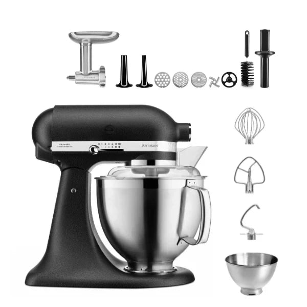 KitchenAid 4,8 L 5KSM185 Artisan Küchenmaschine Fleischliebhaber-Edition Fleischwolf Metall 5KSMMGA Gr. 8 und Spritzgebäckvorsatz