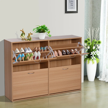 HOMCOM Schlankes Schuhregal mit 4 Klapptüren, modernes Schuhregal für 24 Paar Schuhe mit verstellbaren Einlegeböden, Holzfarbe, 120x24x81cm