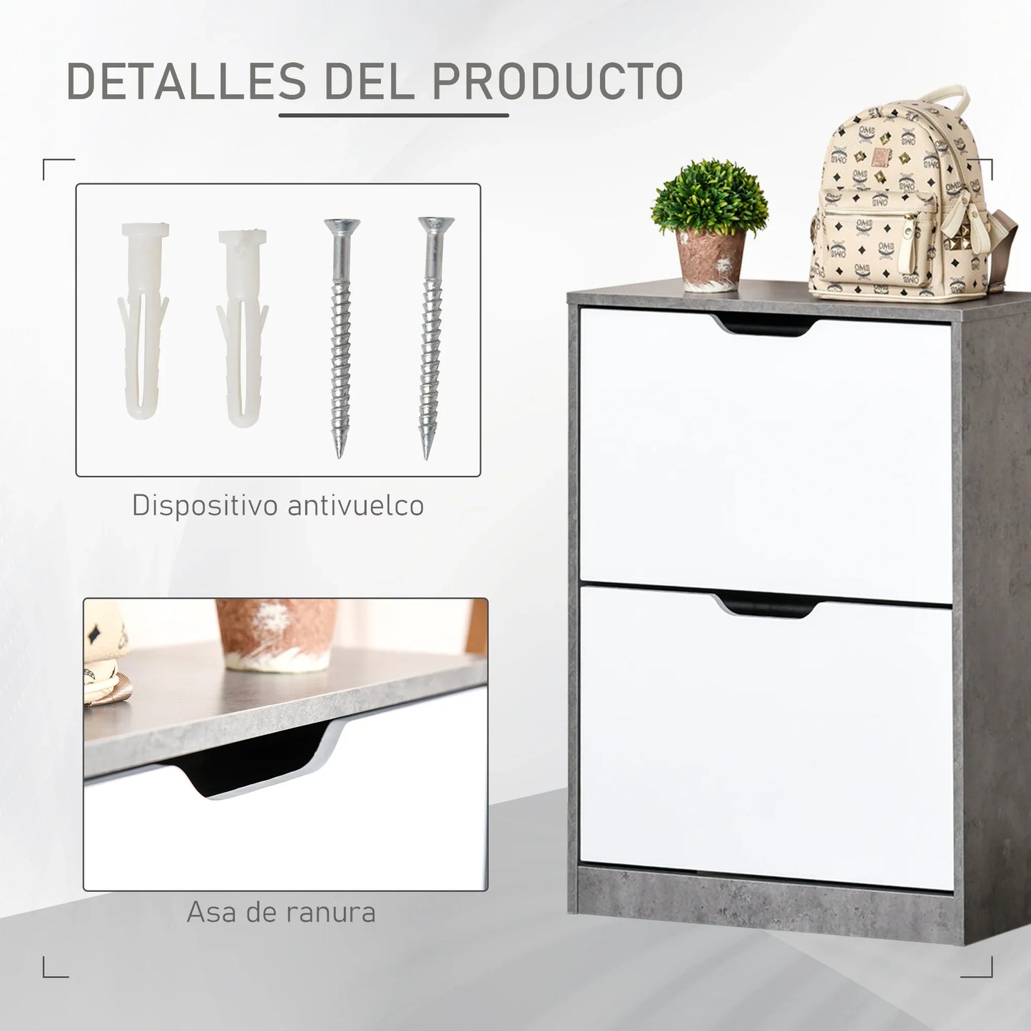 HOMCOM Holz Schuhschrank Schuhregal mit 2 Klapptüren und 4 Ablagen für 8 Paare im Eingangsbereich Flur Schlafzimmer 62,5x26x81 cm Grau