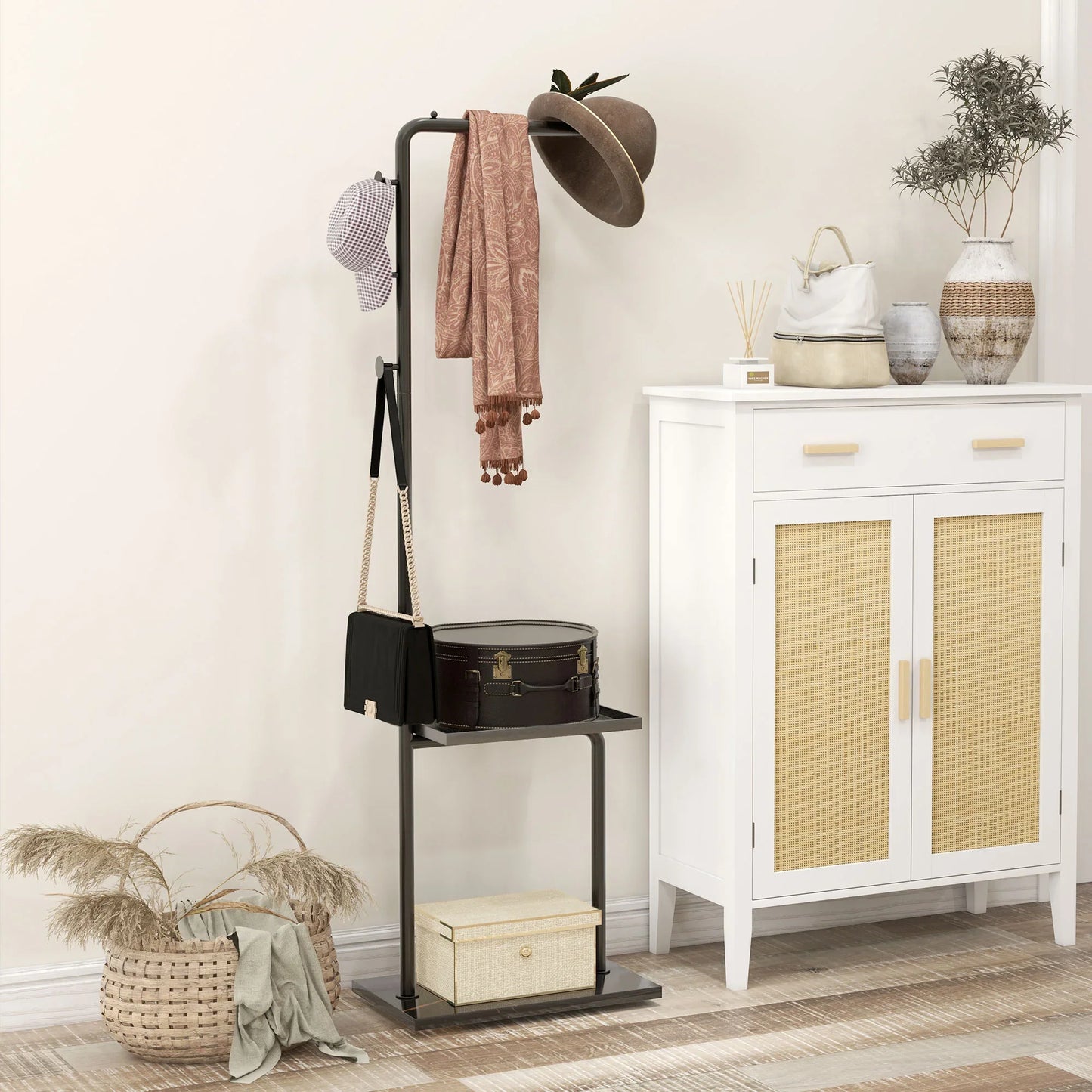 HOMCOM Garderobenständer, Kleiderständer mit Ablagen und Haken, Jackenständer, moderne Garderobe für Kleidung, Hut, Tasche, für Flur, Wohnzimmer, Schwarz