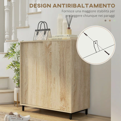 HOMCOM 4-stöckiger Schuhschrank für den Eingangsbereich, Spanplatte und Stahl, Schuhaufbewahrung mit Schiebetür, Schuhregal mit Ablagen für bis zu 12 Paar Schuhe, 80x40x93 cm, Holzfarbe