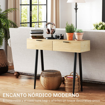 HOMCOM Console Table for Hallway with 2 Drawers and Steel Legs, 100x30x80.5 cm, Oak