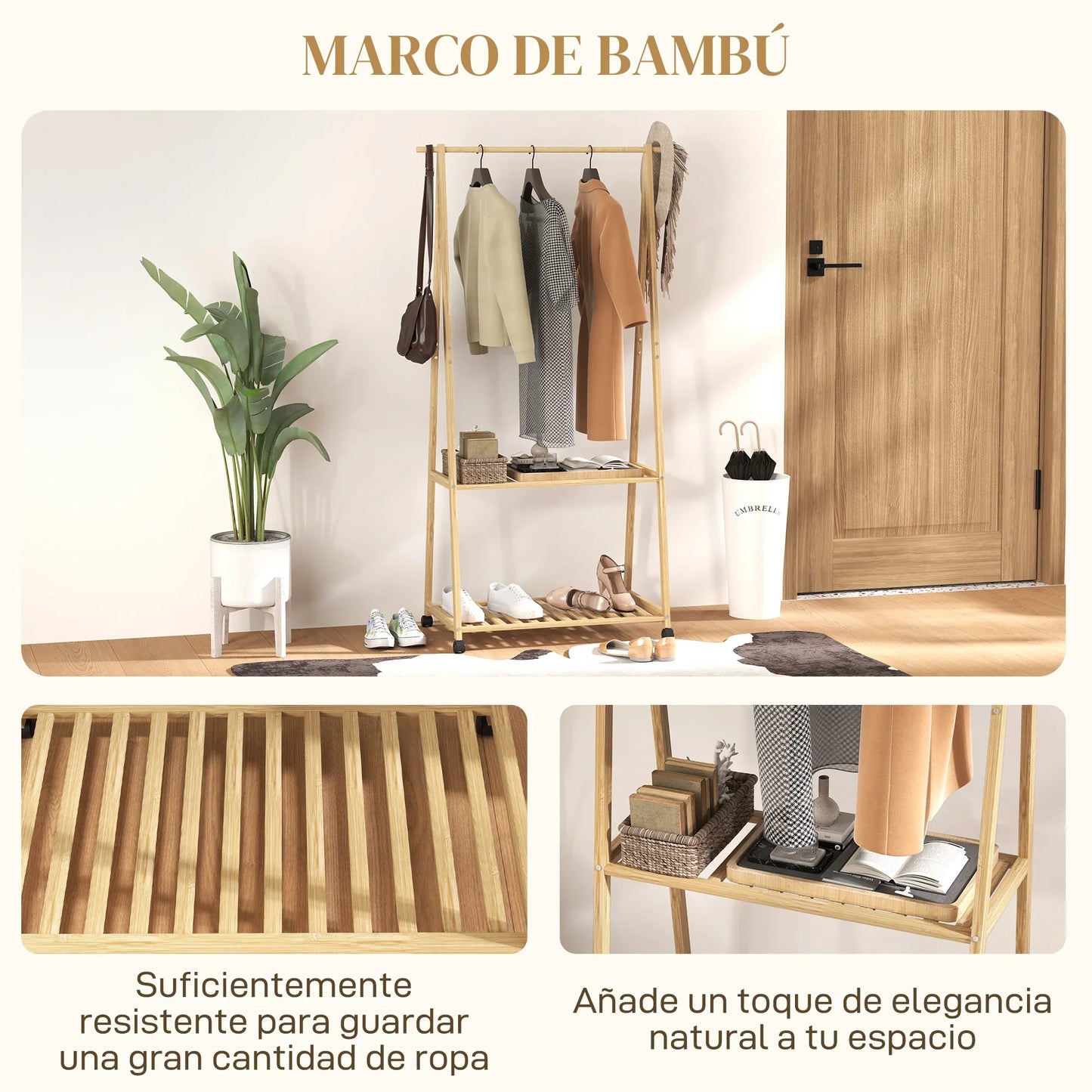 HOMCOM Bambus Kleiderständer mit Rollen, 2 offenen Regalen und 2 Haken, Kleiderständer für Eingangsbereich, Flur, Schlafzimmer 84,5x43,5x158 cm Natur