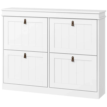 HOMCOM White Shoe Cabinet Slim Shoe Rack with 4 Tilt Doors and Adjustable Shelves for 20 Pairs of Shoes, Anti-tipping Device for Entrance Hallway 105x24x82.5 cm