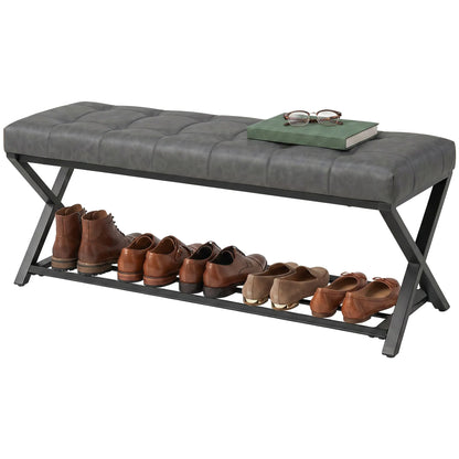 HOMCOM Gepolsterte Schuhbank mit Stauraum – Industrieller X-Rahmen aus Stahl, PU-Kunstleder, 220 kg Tragfähigkeit, 112×37×47 cm, Dunkelgrau