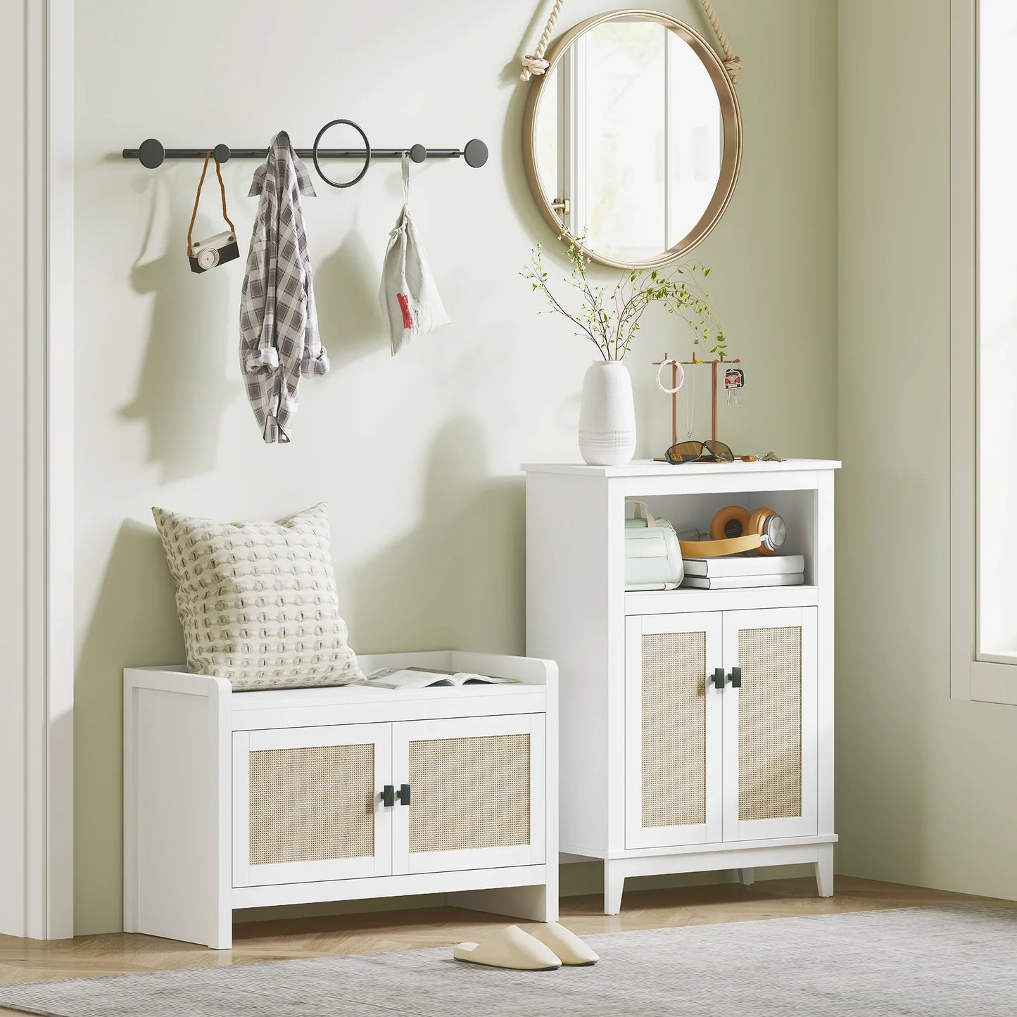 HOMCOM Bohemian shoe bench with rattan front doors, removable shelf for 8 pairs of shoes for hallway and bedroom 80x35x52 cm white