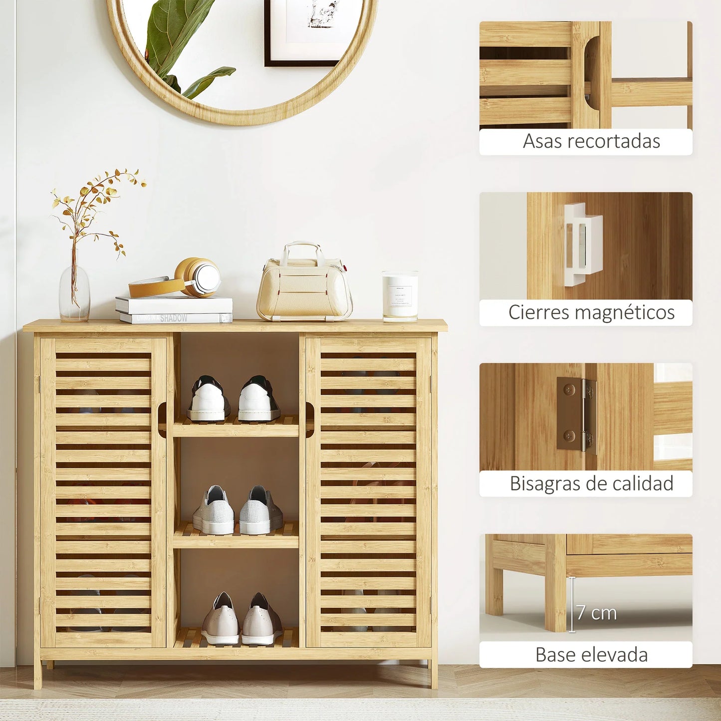 HOMCOM Bamboo Shoe Cabinet with 2 Louvred Doors - Shoe Rack for the Entrance Area with Shelves and Open Compartments for 9 Pairs of Shoes 100x33x86 cm Natural