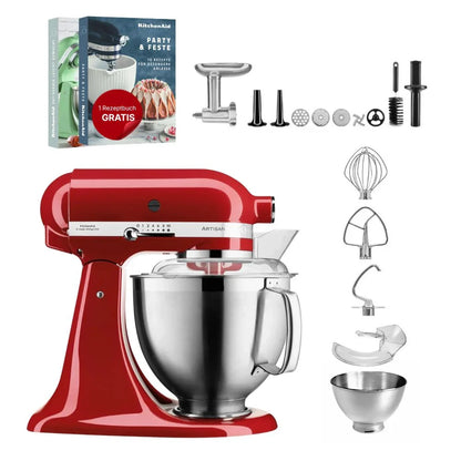 KitchenAid 4,8 L 5KSM185 Artisan Küchenmaschine Fleischliebhaber-Edition Fleischwolf Metall 5KSMMGA Gr. 8 und Spritzgebäckvorsatz