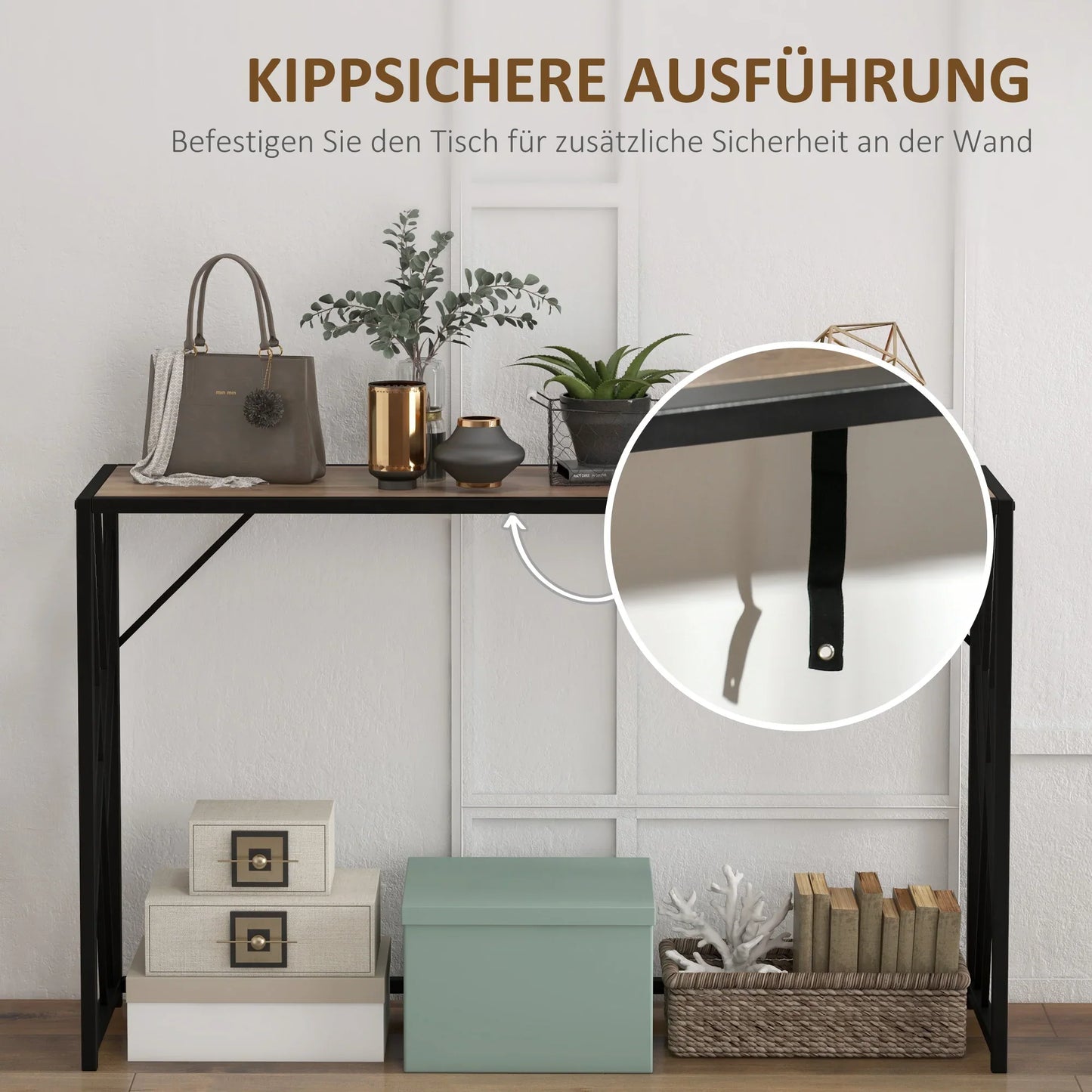 HOMCOM Konsolentisch, Seitentisch mit Stahlbeinen, 120 x 35 x 75 cm, Industriedesign Flurtisch, Beistelltisch für kleine Räume, Eingangsbereich, Flur, Wohnzimmer, Schlafzimmer, Braun