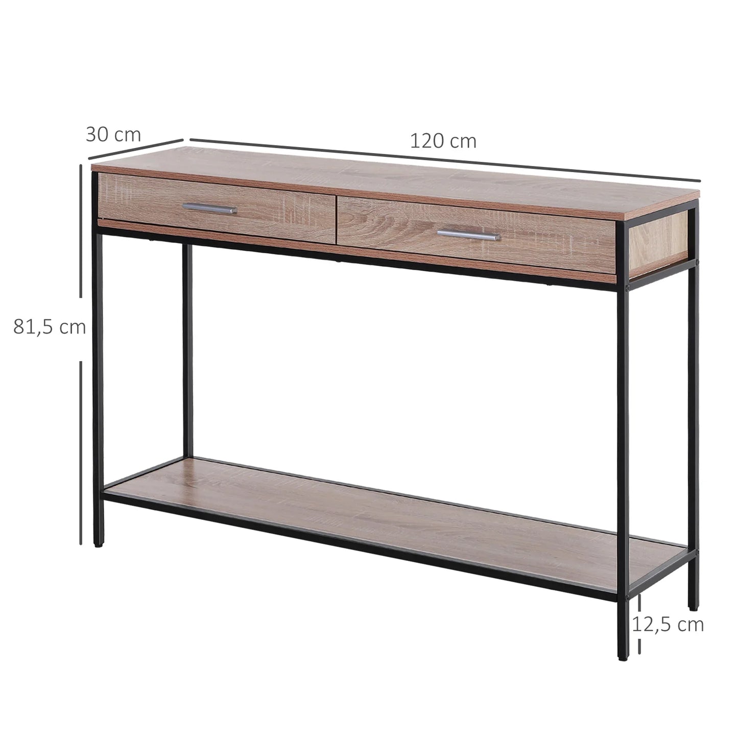 HOMCOM Konsolentisch im Industriestil mit Schubladen und Stahlkonstruktion für den Eingangsbereich 120x30x81,5 cm Eiche