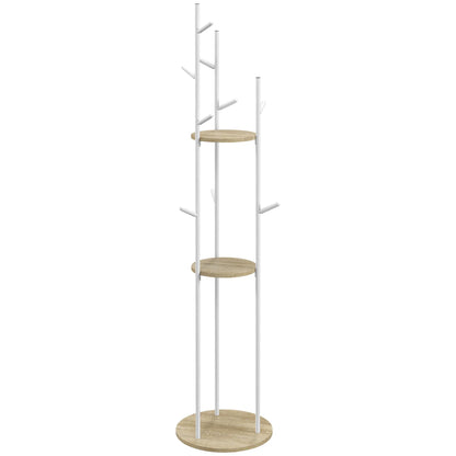 HOMCOM Freestanding Coat Rack made of Steel with 9 Hooks and 2 Round Shelves - Ø 40 x 167 cm in Natural and White