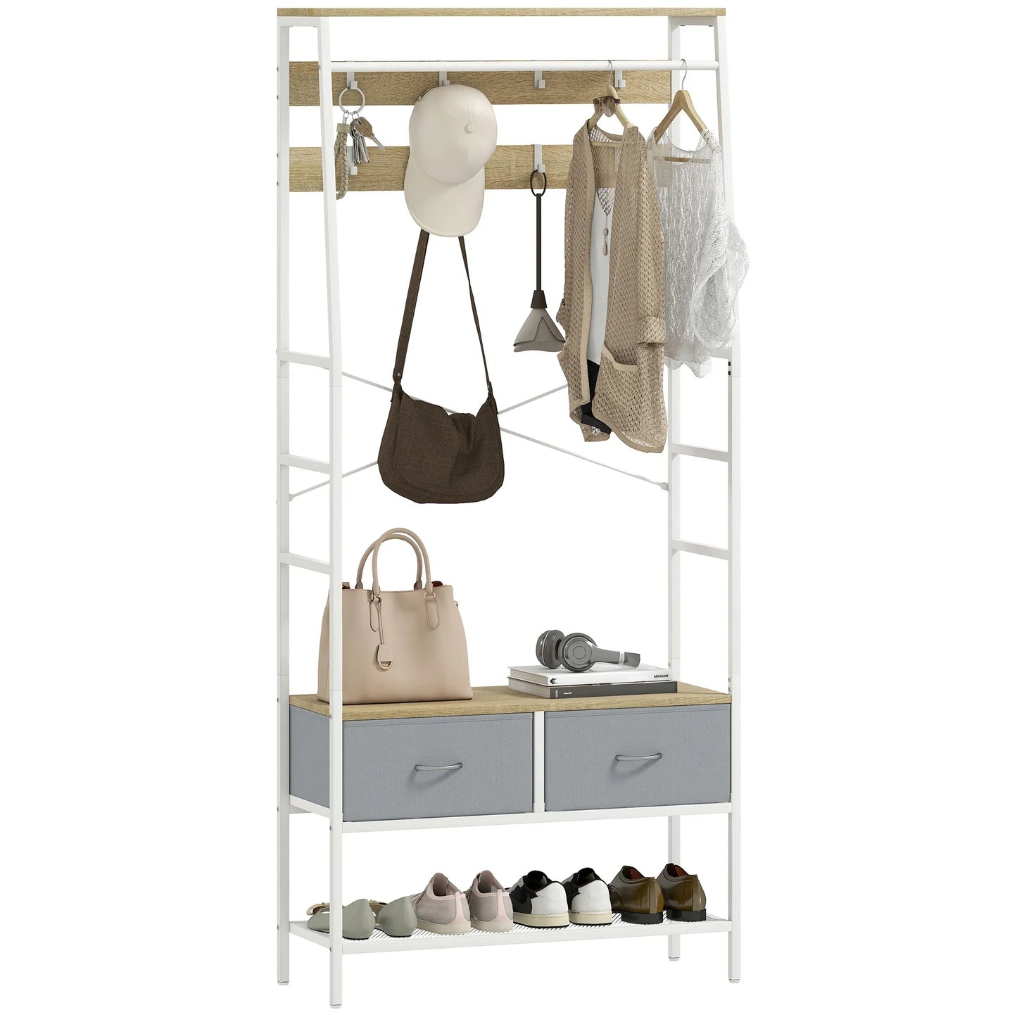 HOMCOM Coat Rack with Shoe Bench – Entryway Hall Tree with Storage Bench, 8 Hooks, 2 Fabric Drawers, Industrial Style Mesh Shelf for Hanging Clothes – Hallway, Bedroom, Living Room 80x30x180.5 cm Natural