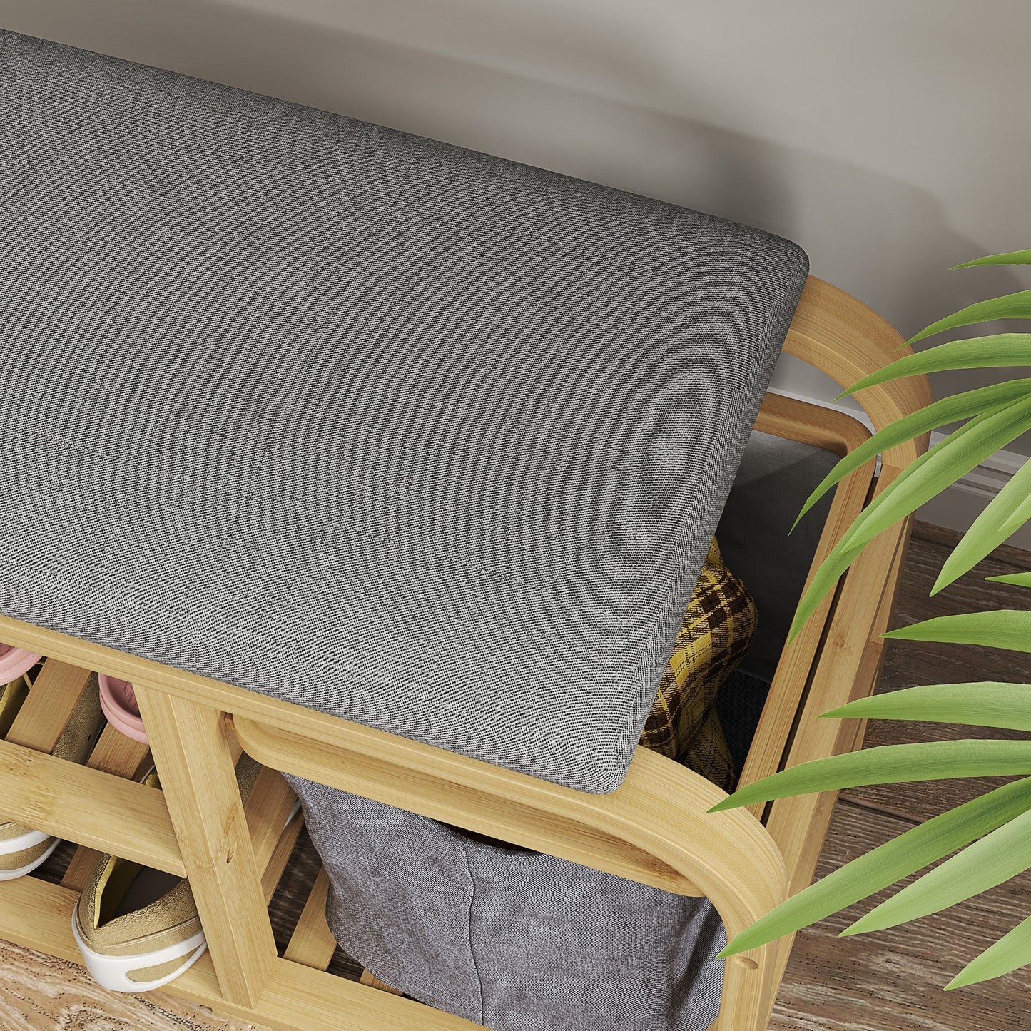 HOMCOM Schuhbank aus Bambus mit gepolsterter Sitzfläche, 2 Lattenregalen und verschiebbarem Stoffkorb, Flurbank für Flur, Schlafzimmer, 70x30x45cm, Naturholz