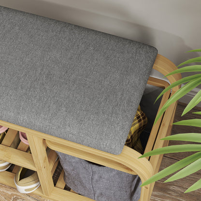 HOMCOM Schuhbank aus Bambus mit gepolsterter Sitzfläche, 2 Lattenregalen und verschiebbarem Stoffkorb, Flurbank für Flur, Schlafzimmer, 70x30x45cm, Naturholz