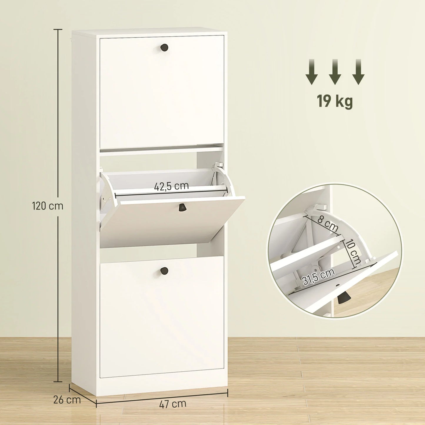 HOMCOM Shoe Cabinet with 3 Tipping Drawers, Shoe Rack with Adjustable Compartment, Slim Shoe Cabinet for 12 Pairs of Shoes 47 x 26 x 120 cm, White