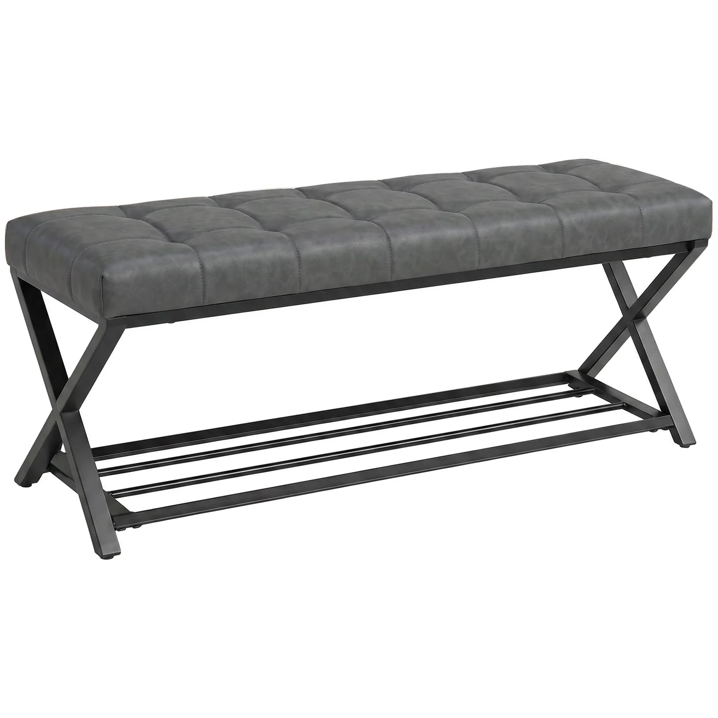 HOMCOM Gepolsterte Schuhbank mit Stauraum – Industrieller X-Rahmen aus Stahl, PU-Kunstleder, 220 kg Tragfähigkeit, 112×37×47 cm, Dunkelgrau