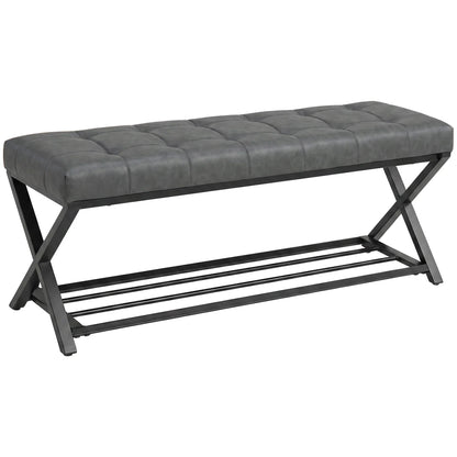 HOMCOM Gepolsterte Schuhbank mit Stauraum – Industrieller X-Rahmen aus Stahl, PU-Kunstleder, 220 kg Tragfähigkeit, 112×37×47 cm, Dunkelgrau