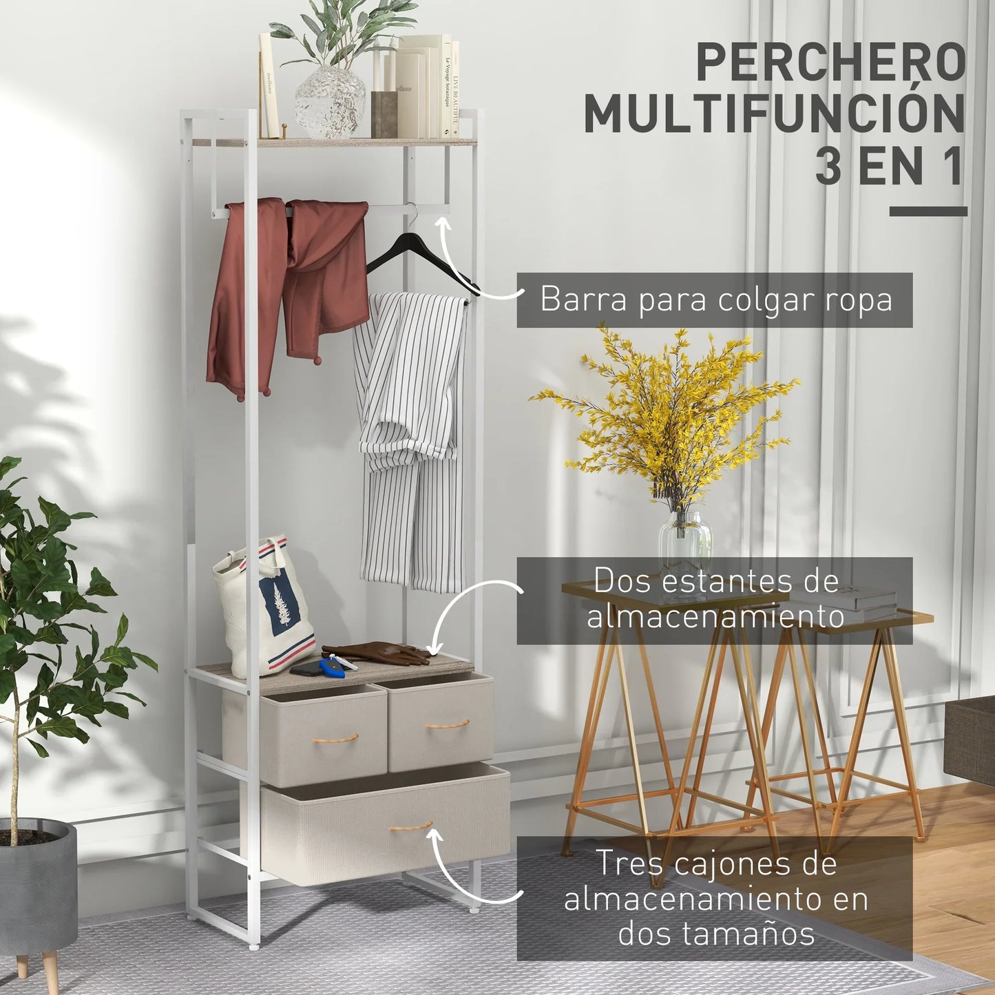 HOMCOM Coat Rack for Hallway with 3 Fabric Drawers, Clothes Rail and Shelf for Hallway, Bedroom, Living Room 58.5x30x178 cm Natural