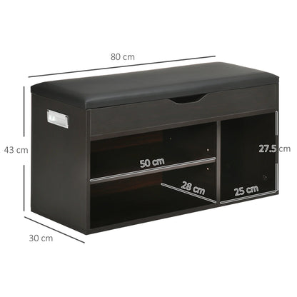 HOMCOM Gepolsterter Schuhschrank für den Eingangsbereich, Schuhbank mit Schuhregal, 3 Fächer, Sitzfläche aus PU-Leder, für Wohn- und Flurbereich, 80x30x43 cm, Schwarz