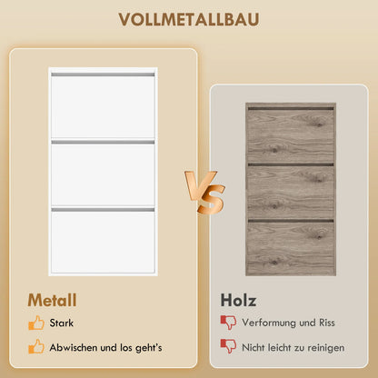 HOMCOM Metall-Schuhschrank mit 3 Kippschubladen – schlanker, wandmontierter Schuhschrank für 6 Paar Schuhe, 55 x 15 x 105,5 cm, Weiß