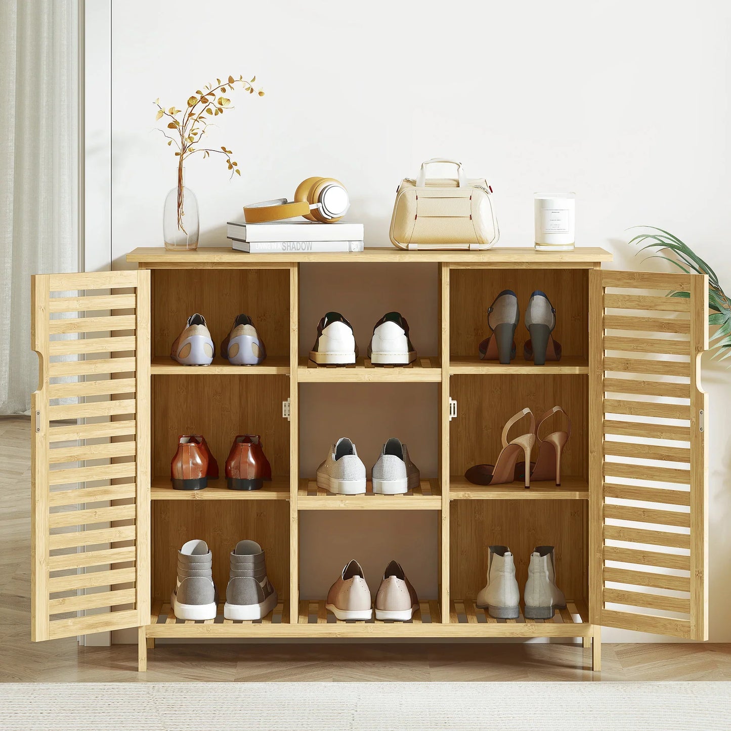 HOMCOM Bamboo Shoe Cabinet with 2 Louvred Doors - Shoe Rack for the Entrance Area with Shelves and Open Compartments for 9 Pairs of Shoes 100x33x86 cm Natural