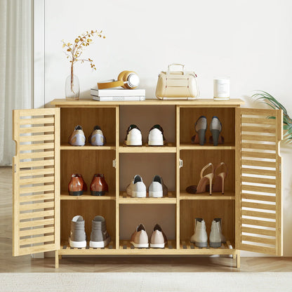 HOMCOM Bamboo Shoe Cabinet with 2 Louvred Doors - Shoe Rack for the Entrance Area with Shelves and Open Compartments for 9 Pairs of Shoes 100x33x86 cm Natural