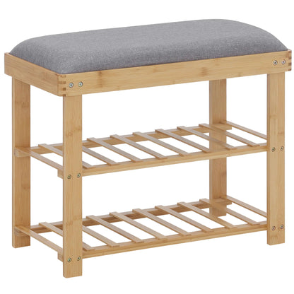 HOMCOM Shoe Storage Bench with Shoe Cabinet, 2 Shelves and Integrated Grey Cushion, made of Bamboo