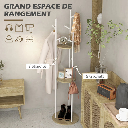 HOMCOM Freestanding Coat Rack made of Steel with 9 Hooks and 2 Round Shelves - Ø 40 x 167 cm in Natural and White