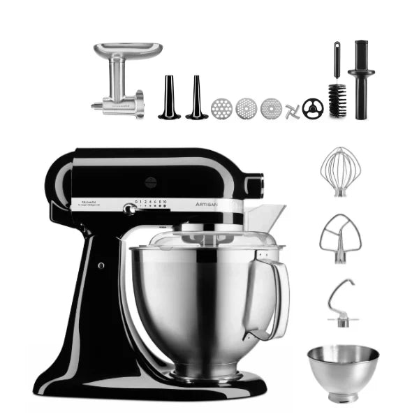 KitchenAid 4,8 L 5KSM185 Artisan Küchenmaschine Fleischliebhaber-Edition Fleischwolf Metall 5KSMMGA Gr. 8 und Spritzgebäckvorsatz